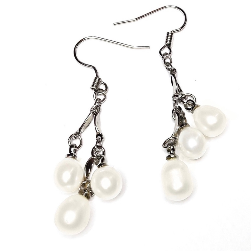 Silver Tone Freshwater Pearl Dangle Earrings